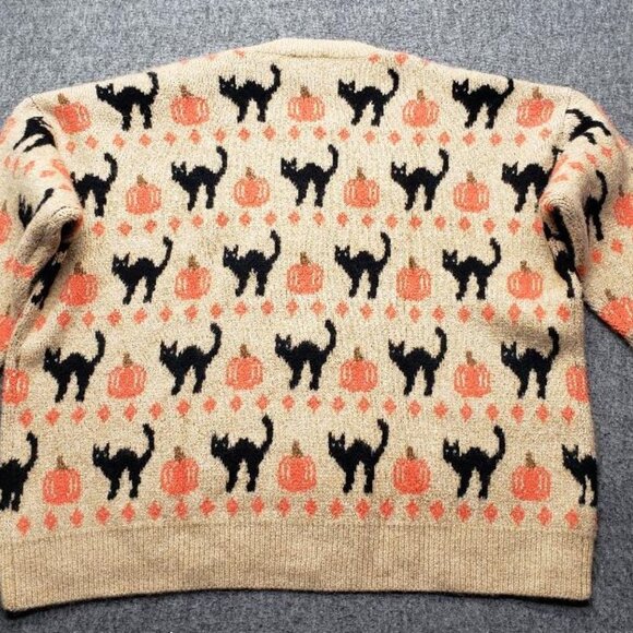 Vince Camuto Black Cat Pumpkin Sweater Tan Women’s Size L Fall Autumn - Picture 2 of 7